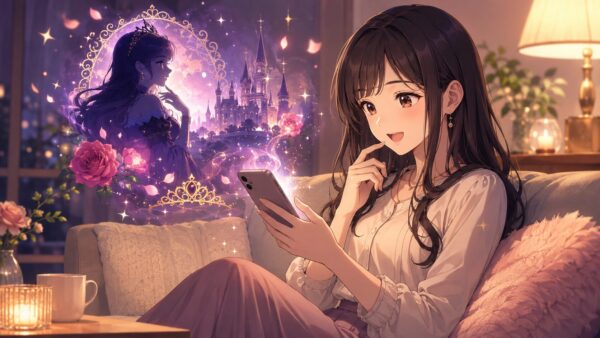 スマホで悪役令嬢漫画を読む日本人女性と幻想的な令嬢世界のイメージ