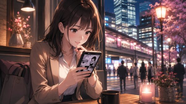 夜のカフェでスマホ漫画を読む日本人女性。シタ女、サレ妻と入れ替わる漫画をどこで読めるか調べるイメージ