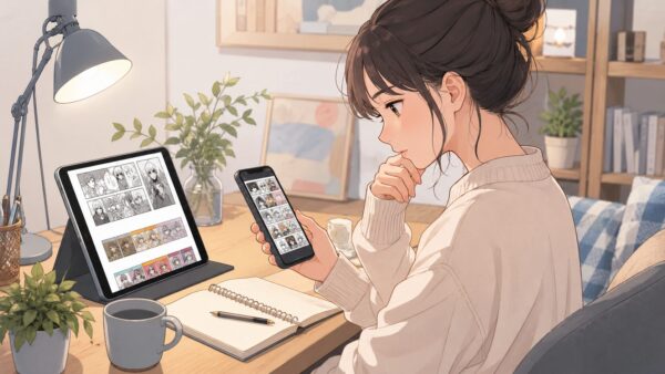 タブレットとスマホで漫画配信サービスを比較する日本人女性。シタ女、サレ妻と入れ替わるの配信先確認イメージ