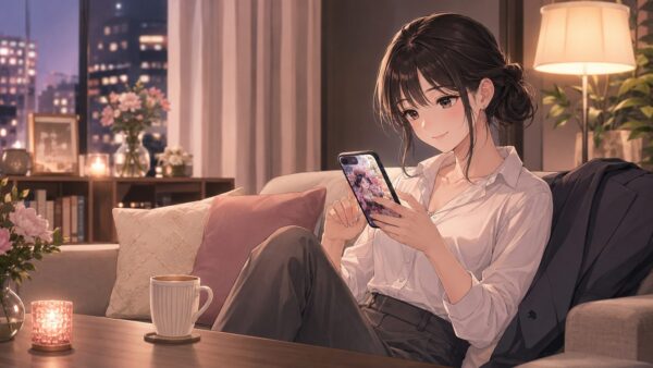 仕事終わりにソファでスマホ漫画を読む日本人女性のアニメ風イラスト