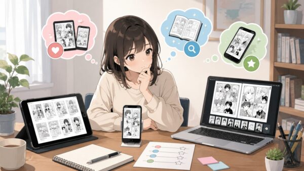 スマホやタブレットで漫画配信サービスを比較する日本人女性のアニメ風イラスト