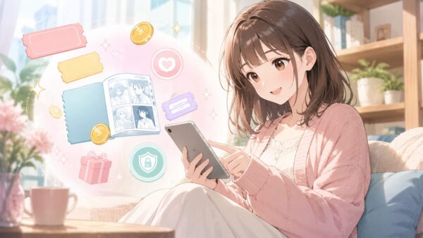 クーポンやポイントを確認しながら公式サービスで漫画を読む日本人女性のアニメ風イラスト