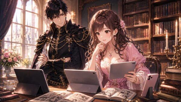 城の書斎でタブレットやスマホを使い漫画配信サービスを比較する日本人女性のアニメイラスト