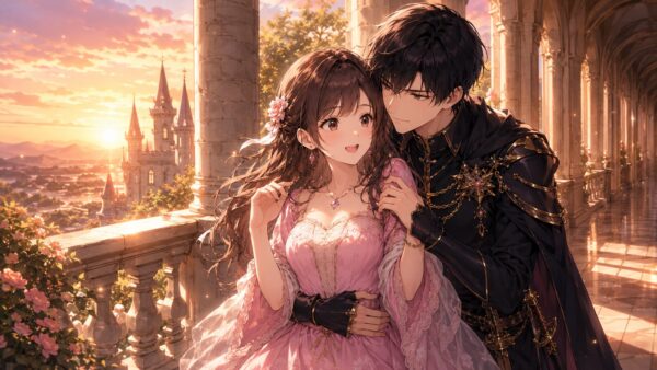 夕暮れの城のバルコニーで騎士団長に溺愛される悪役令嬢風の日本人女性のアニメイラスト