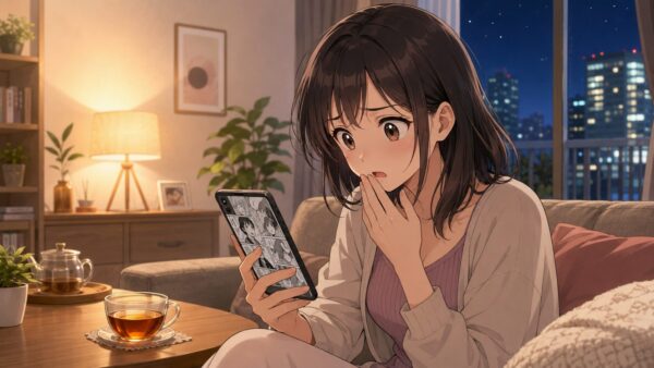 『夫が裏アカで70人と不倫してました』をスマホで読み、驚いた表情を見せる日本人女性