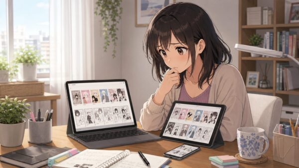 複数の電子書籍サービスで漫画の配信状況を比較する日本人女性
