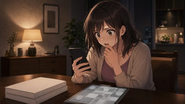 全2巻完結のサレ妻漫画を前にスマホを見て驚く日本人女性