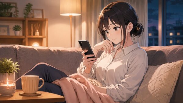 夜のリビングで、20代の日本人女性がスマホで漫画を読んでいるアニメ画像。