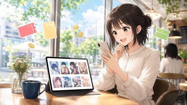 カフェでスマホを使い、さよならモラシタ夫をお得に安全に読む方法を確認する女性