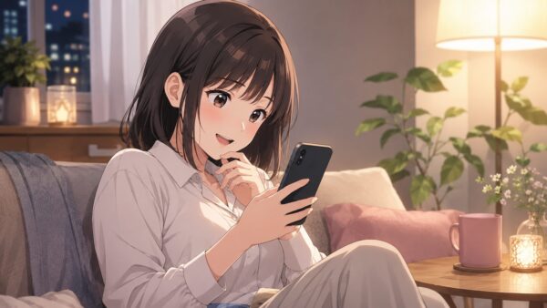 仕事終わりにスマホで悪役令嬢漫画を読む日本人女性のアニメ風イラスト