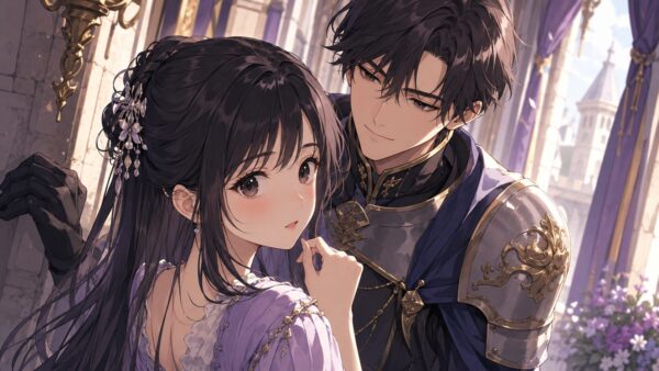城内で令嬢と騎士が寄り添う悪役令嬢系ラブコメをイメージしたアニメ風イラスト