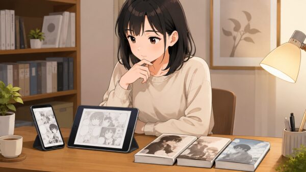 スマホや本を見比べて漫画の単話版と単行本版を確認する日本人女性のアニメ風イラスト