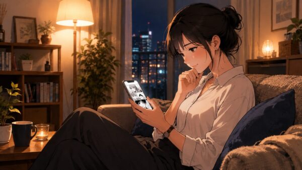 仕事終わりにスマホで悪役令嬢漫画を読む日本人女性