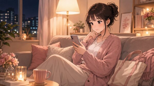 夜のリビングでスマホ漫画を読む日本人女性のアニメ画像