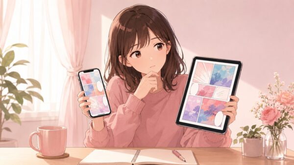 スマホとタブレットで漫画配信サービスを比較する日本人女性のアニメ画像