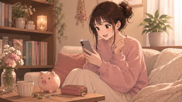 スマホで漫画の割引や無料巻を確認して喜ぶ日本人女性のアニメ画像