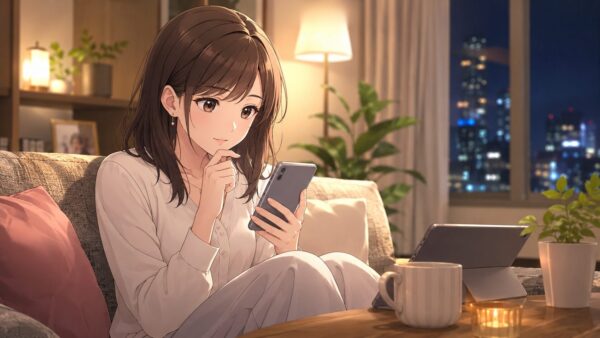スマホで復讐のサレ妻モラハラ夫の配信先を調べる日本人女性のアニメイラスト