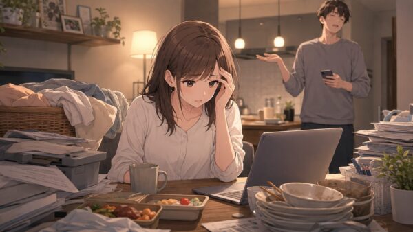 在宅勤務中に家事や仕事の負担で追い詰められる日本人女性とモラハラ夫のアニメイラスト