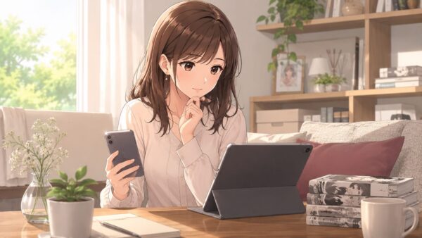 スマホとタブレットで復讐のサレ妻モラハラ夫の単体版や試し読みを比較する日本人女性のアニメイラスト