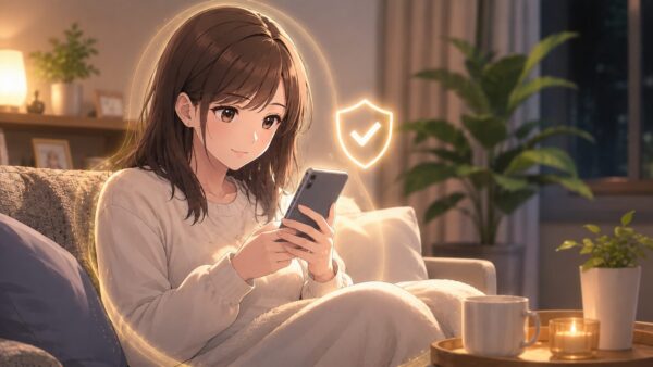 正規電子書籍サービスで安全に漫画を読む日本人女性のアニメイラスト