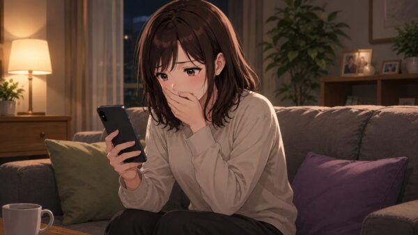 スマホを見て夫の不倫に気づき涙ぐむ日本人女性のアニメ画像