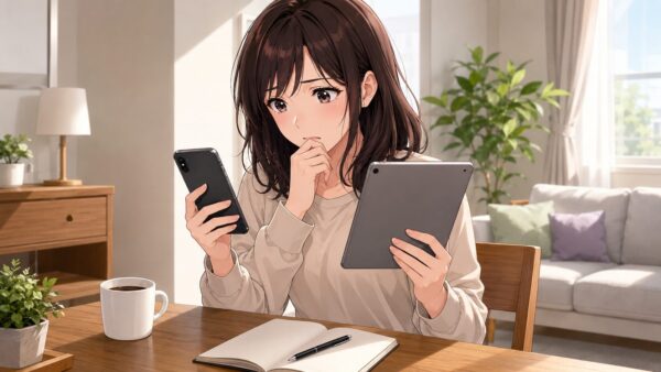 スマホとタブレットで漫画配信サービスを比較する日本人女性のアニメ画像