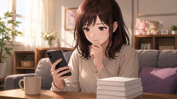スマホと単行本を見比べて漫画の購入形式を選ぶ日本人女性のアニメ画像