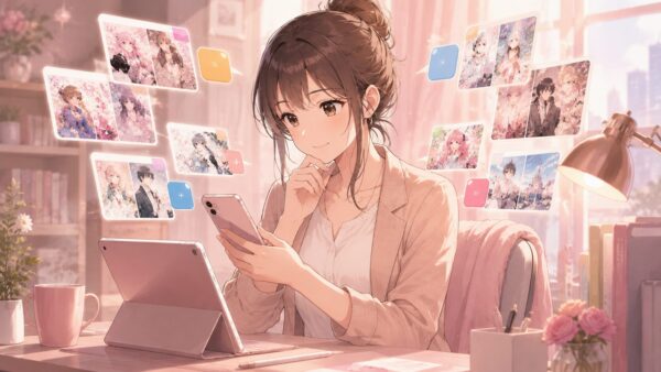 スマホとタブレットで悪役令嬢漫画の配信サービスを比較する日本人女性