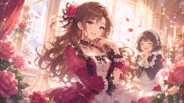 バラに囲まれた華やかな悪役令嬢風キャラクターと明るい親娘コメディの雰囲気