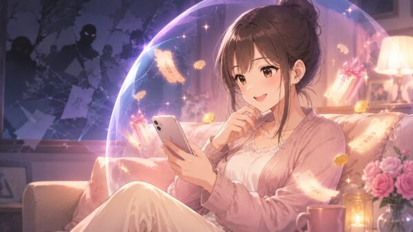 正規電子書籍サービスで安全に漫画を読む日本人女性とお得なクーポンのイメージ