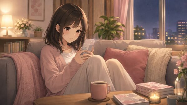 仕事終わりにスマホで悪役令嬢漫画を読む日本人女性のアニメイラスト