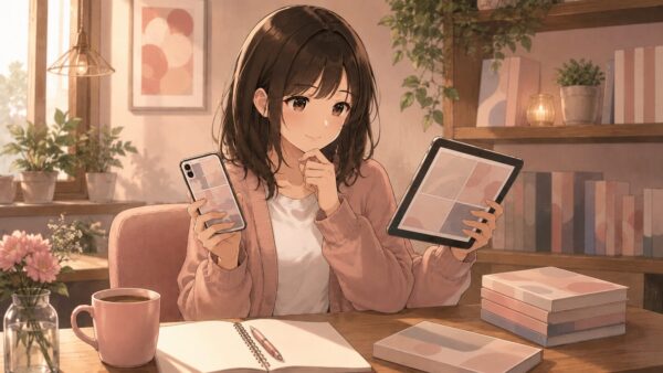 スマホとタブレットで私の推しは悪役令嬢の読み方を比較する日本人女性