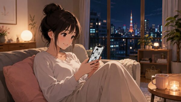 都内の部屋でスマホ漫画を読む日本人女性が、因果の花をどこで読めるか調べるイメージ