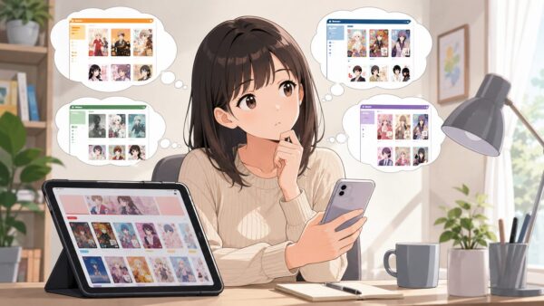 因果の花の配信状況を確認するため、電子書籍サービスを比較する日本人女性のイメージ