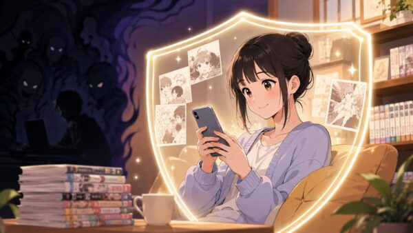 違法サイトを避けて正規電子書籍サービスで安全に漫画を読む日本人女性のイメージ