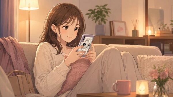 仕事終わりに自宅でスマホ漫画を読む20代女性のアニメ風イメージ