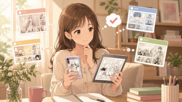 スマホとタブレットで漫画の配信サービスを比較する女性のアニメ風イメージ
