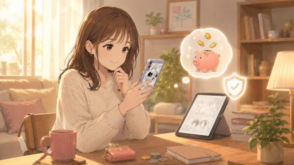 安全な公式サービスでお得にスマホ漫画を読む女性のアニメ風イメージ