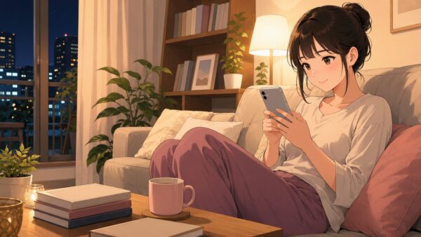 夜のリビングでスマホ漫画を読む日本人女性のアニメ風イラスト