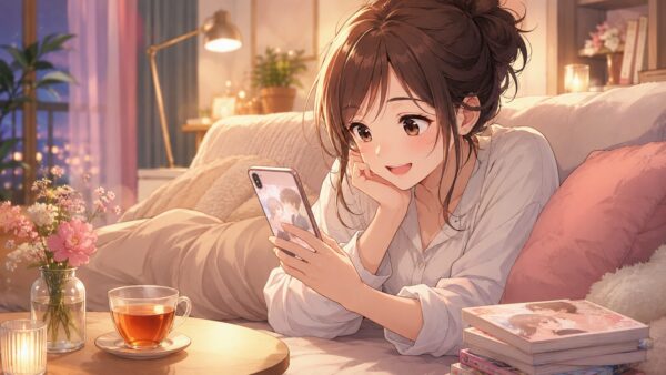 仕事終わりにスマホで溺愛系漫画を楽しむ20代女性のイメージ