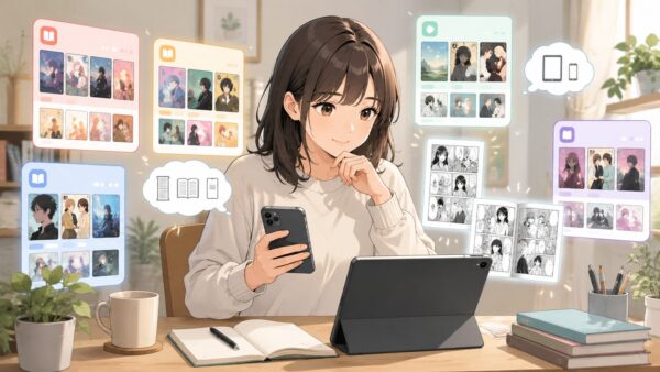 スマホとタブレットで電子書籍サービスの漫画配信形式を比較する女性