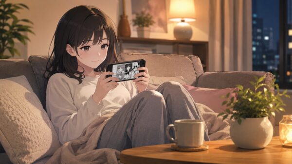 仕事終わりに自宅のソファでスマホ漫画を読む日本人女性