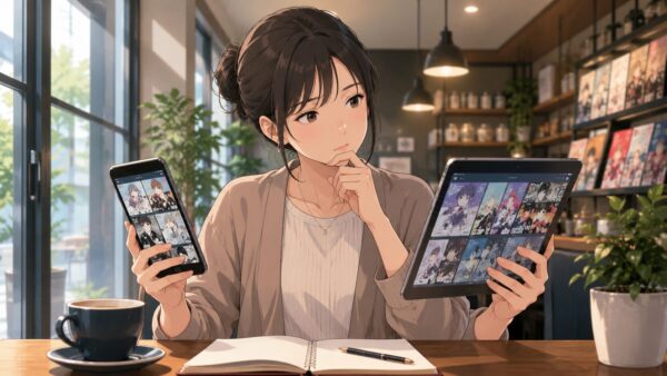 カフェでスマホとタブレットを見比べながら漫画の配信先を調べる日本人女性