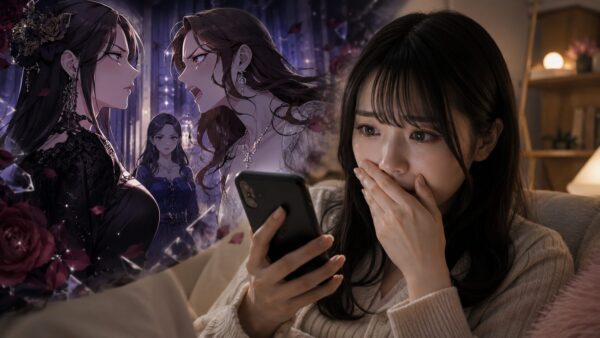 スマホで復讐漫画を読みながら衝撃的な展開に驚く日本人女性