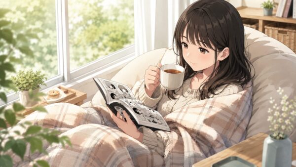 明るい部屋でお茶を飲みながら漫画を楽しむ日本人女性