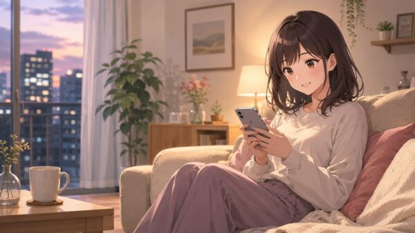 スマホで漫画を読む日本人女性が夕暮れの部屋でくつろぐアニメ風イラスト