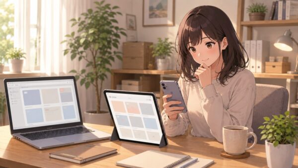 スマホやタブレットで漫画配信サービスを比較する日本人女性のアニメ風イラスト