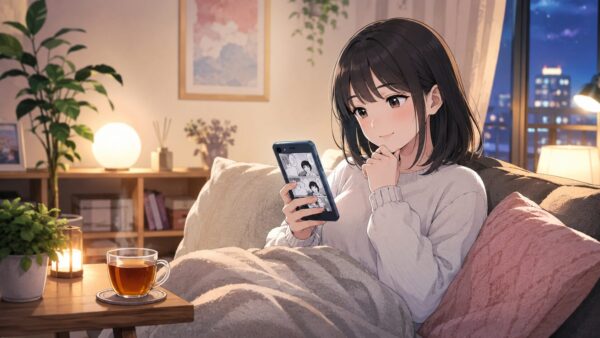 スマホで悪役令嬢漫画を読む日本人女性が、転生した悪役令嬢は復讐を望まないの配信先を調べる様子