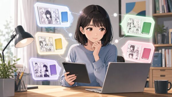 タブレットとパソコンで電子書籍サービスを比較する日本人女性が、漫画をどこで読むか検討している様子