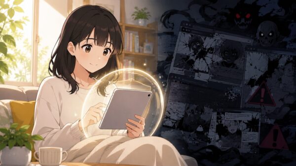 安全な電子書籍サービスで漫画を読む日本人女性と、違法漫画サイトの危険性を示す暗い背景